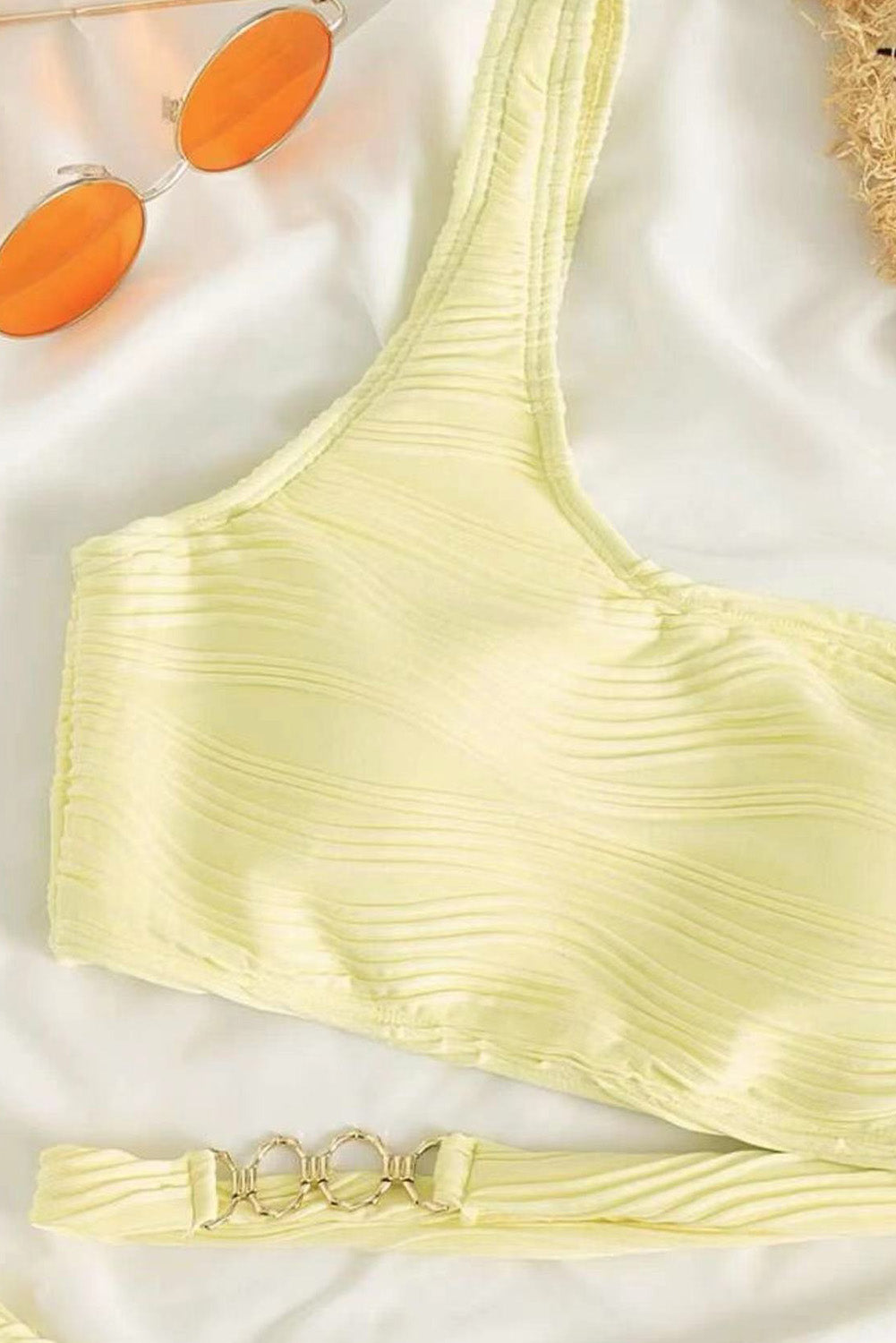 Yellow Cream Wavy Textured Asymmetrical One Shoulder Bikini