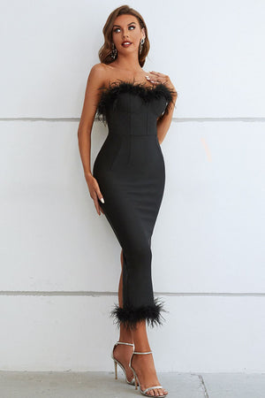 Feather Trim Strapless Sweetheart Neck Dress