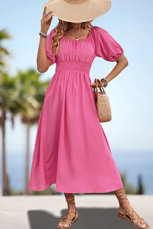 Square Neck Smocked Waist Puff Sleeve Midi Dress